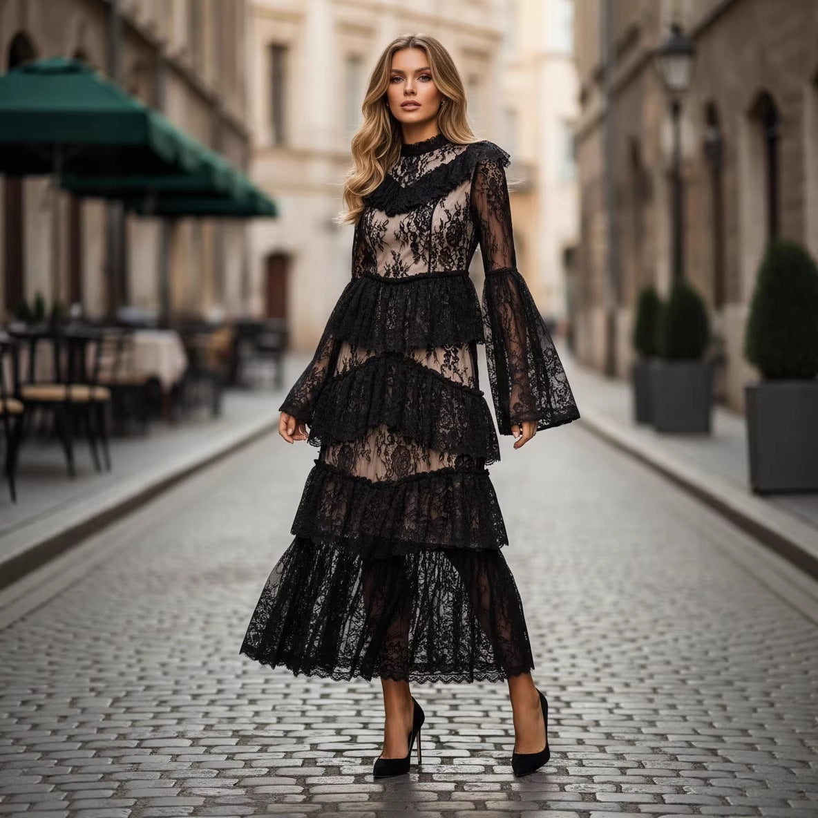 Vestido Largo con Cuello Falso, Encaje y Mangas Abullonadas