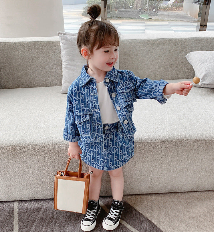 Girls Spring Denim Outfit Button-Up Jacket & Skirt