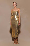 Vestido midi dorado con flores 3D