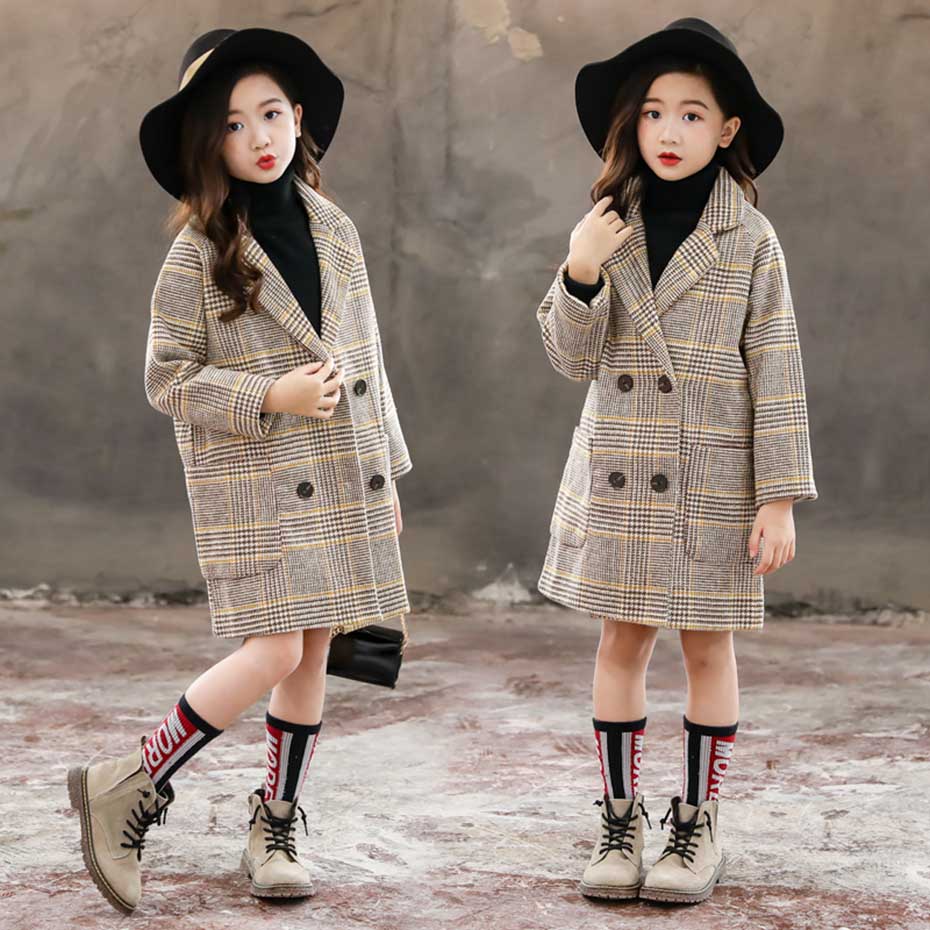 Girls’ Plaid Wool Blend Coat
