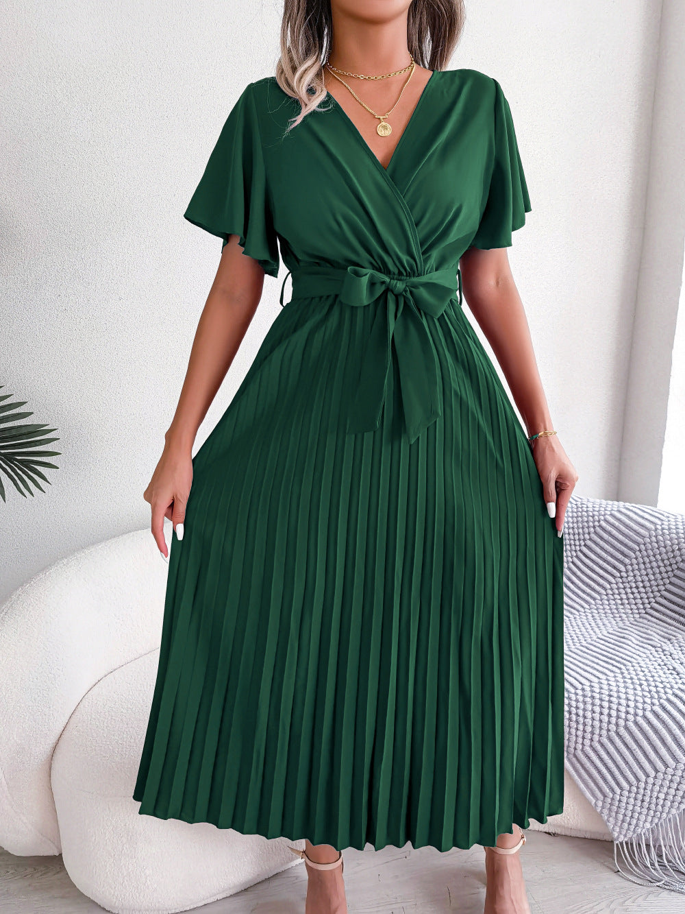 Long Pleated Fluid Dress with Crossover Neckline
