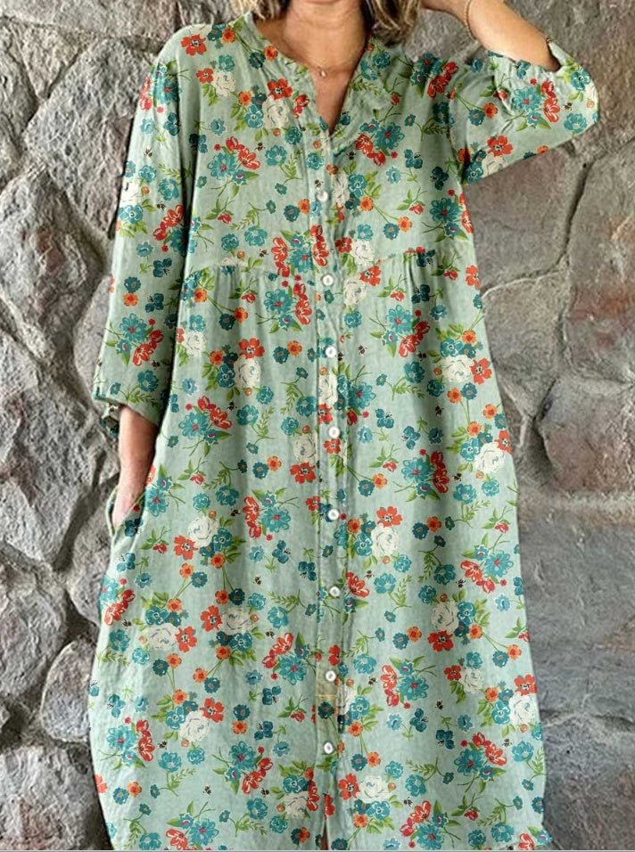 Vestido camisero estampado con cuello redondo y manga larga