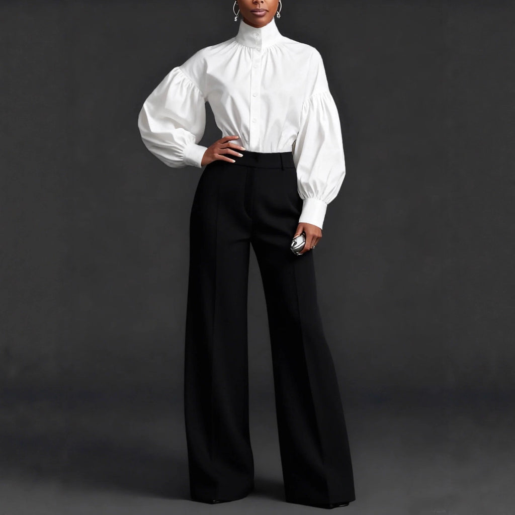 Elegant Pleated High-Neck Blouse with Puff Sleeves