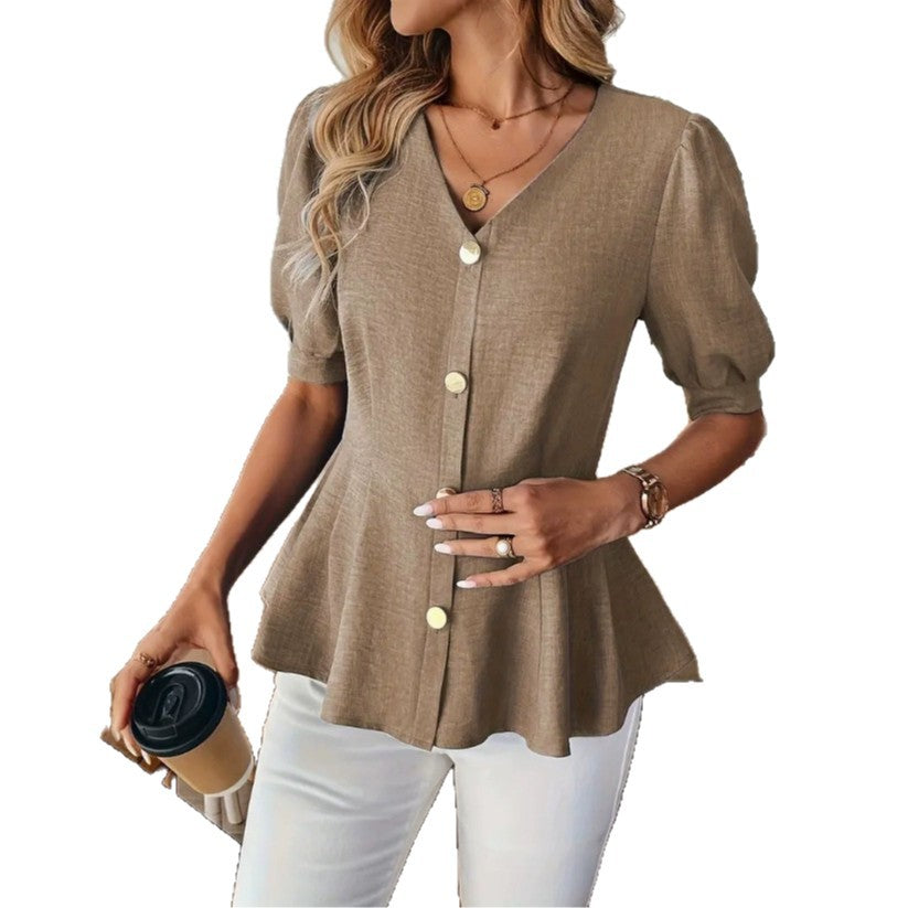 Elegante blusa de cuello en V entallada para mujer