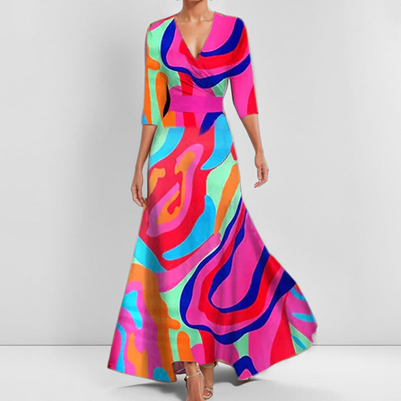 Printed V-Neck Dress with Mid-Length Sleeves