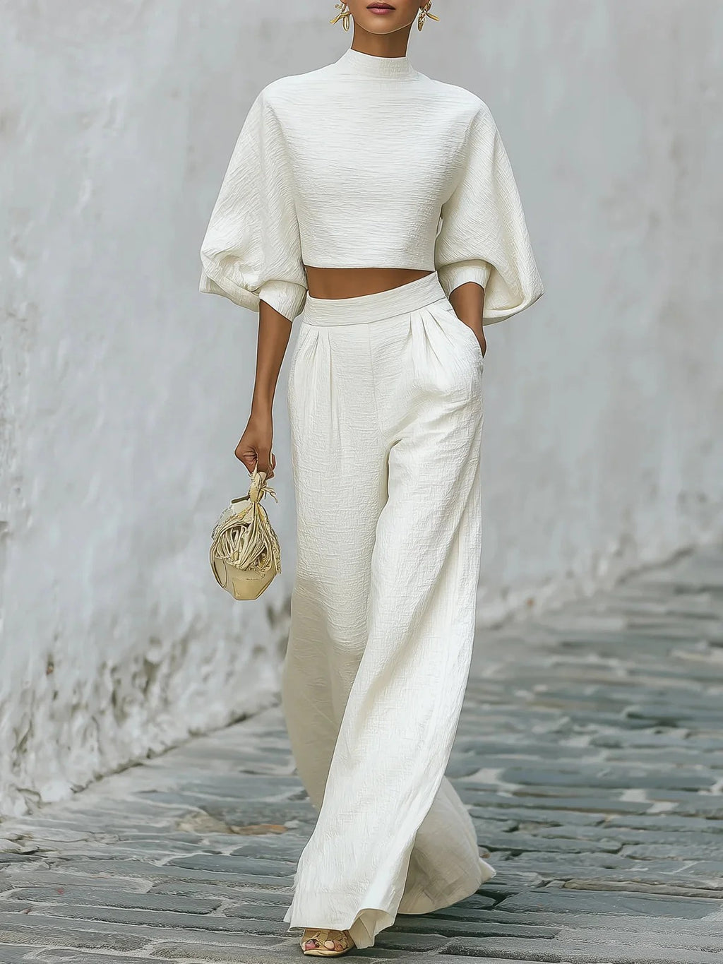 White Two-Piece Set: Crop Top and High-Waisted Pants
