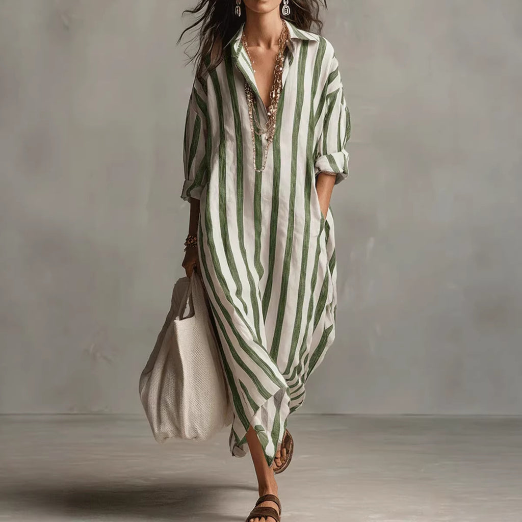 Robe-chemise longue à rayures et col en V