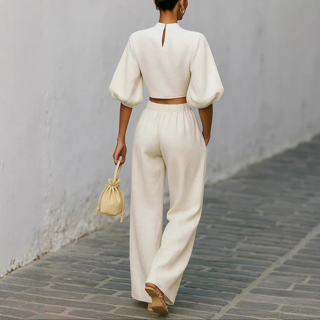 White Two-Piece Set: Crop Top and High-Waisted Pants