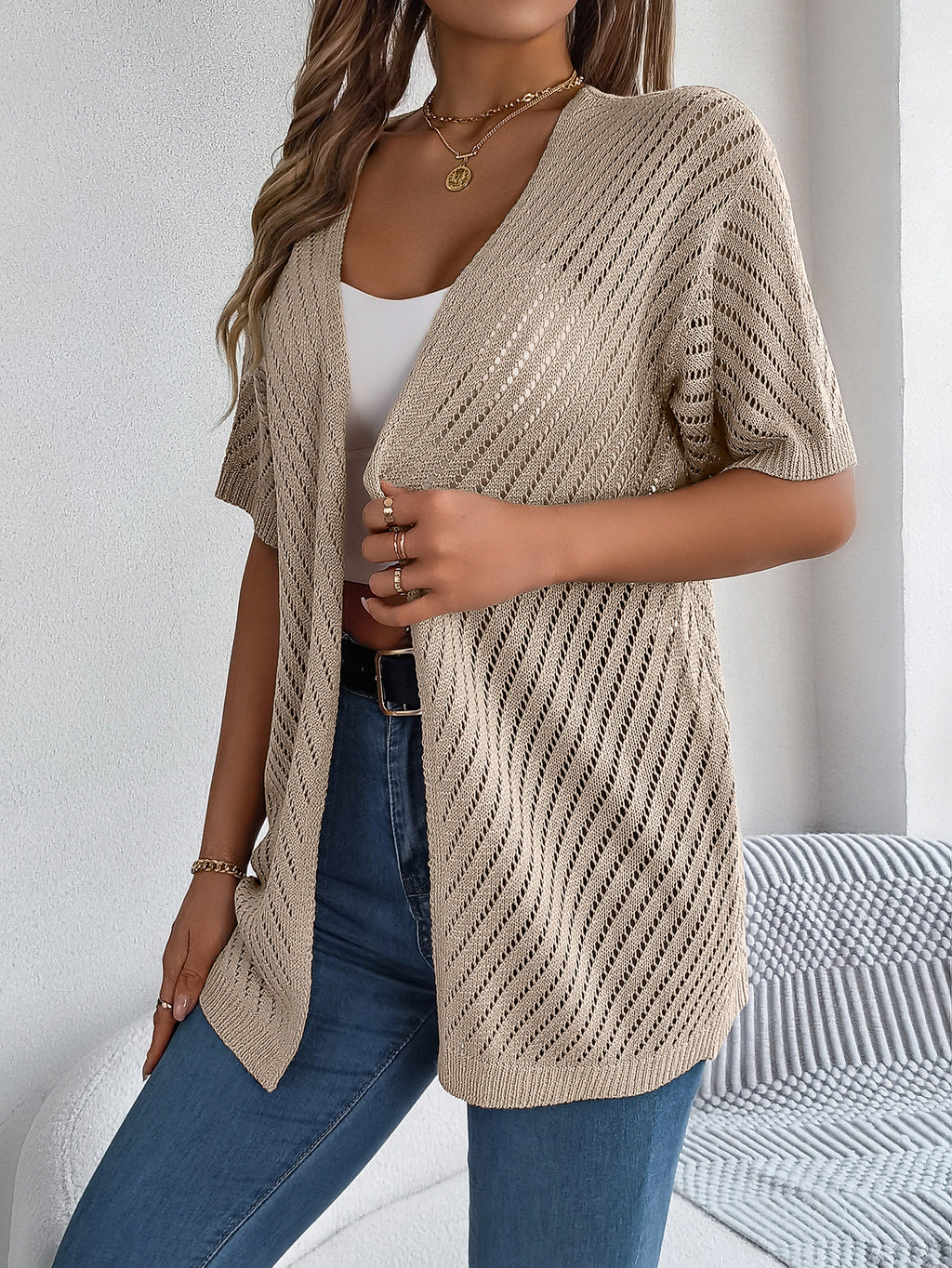 Long Open-Knit Cardigan with Vertical Stripes and Short Sleeves