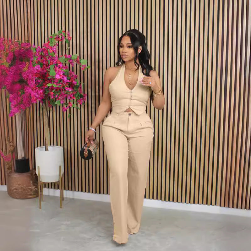 Sleeveless Suit Set with Halter Neck and Pants