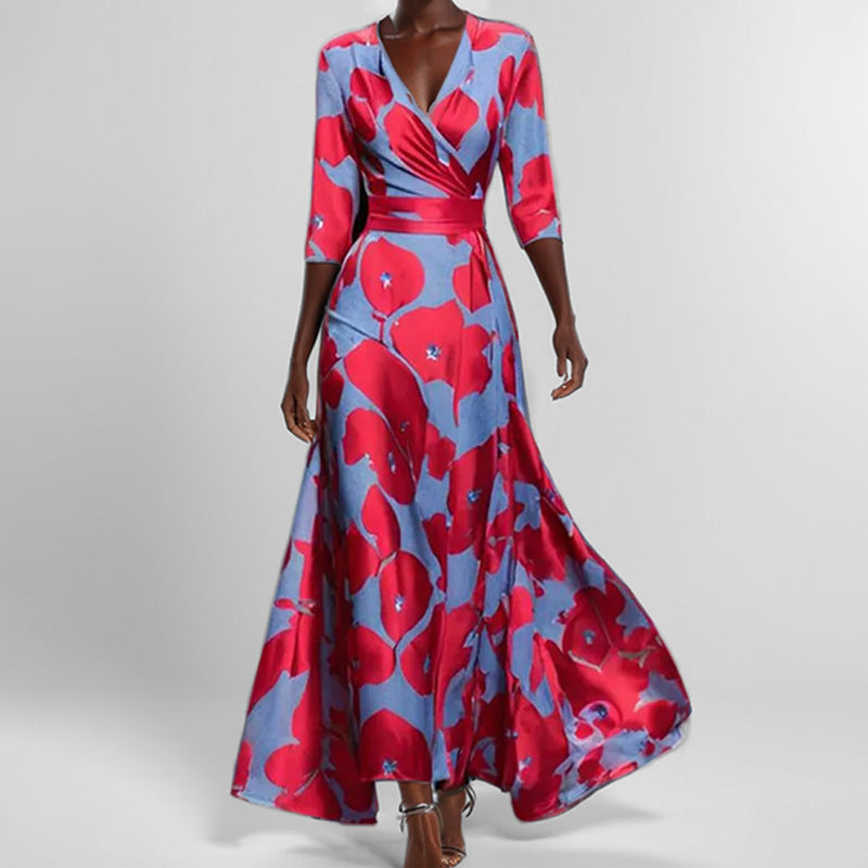 Printed V-Neck Dress with Mid-Length Sleeves