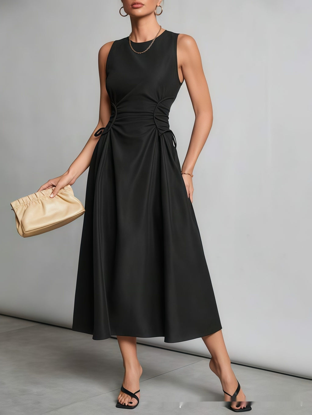 Pleated Maxi Dress with Defined Waist and Flared Cut