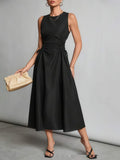 Pleated Maxi Dress with Defined Waist and Flared Cut