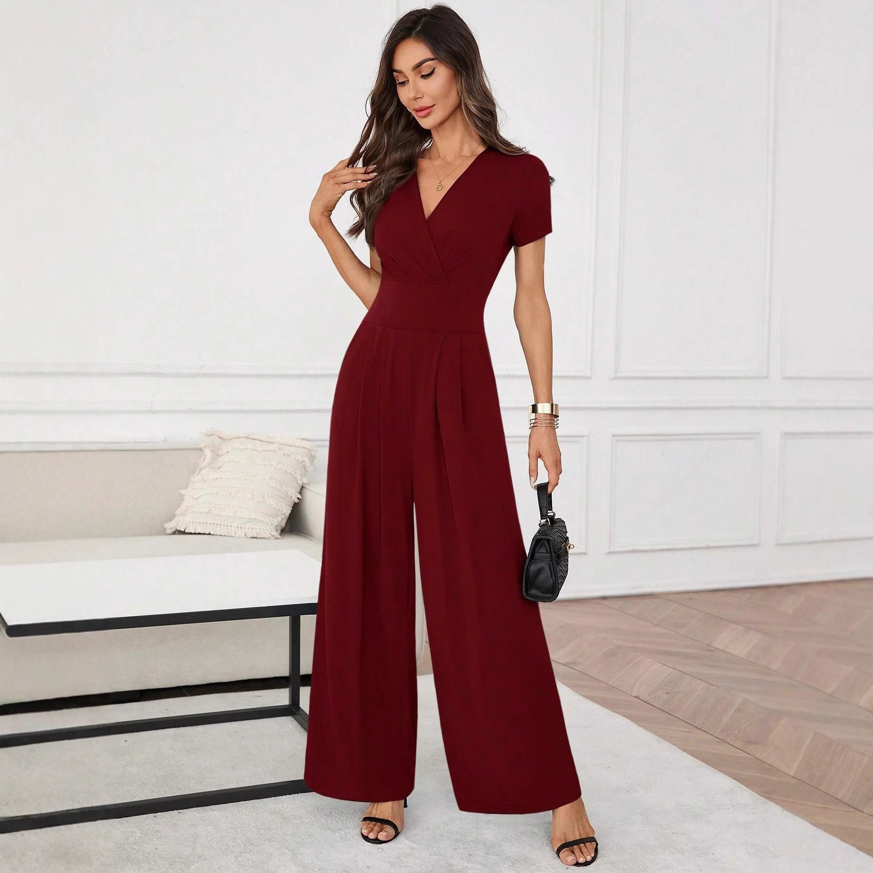 Solid-Color Short-Sleeve Pleated Wide-Leg Jumpsuit