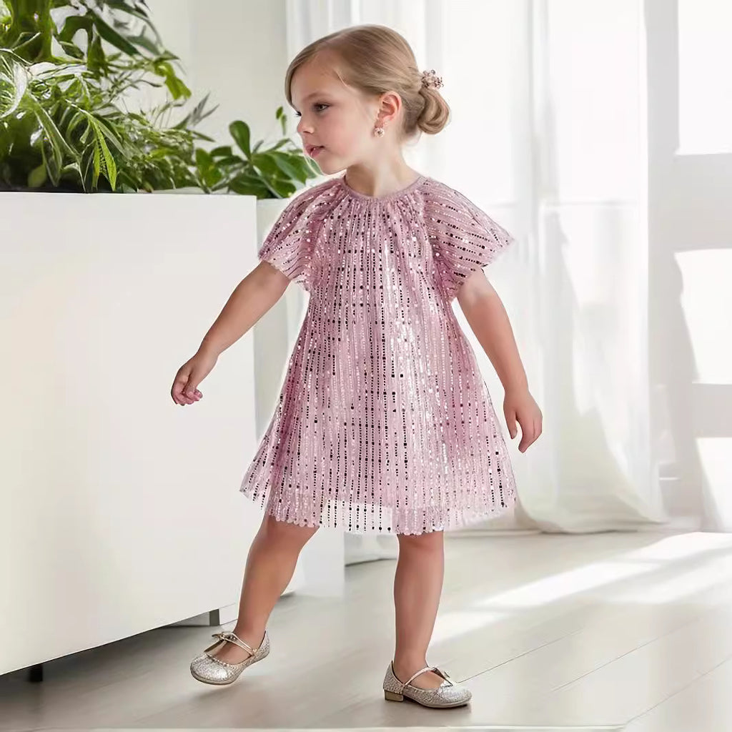 Girls Sequin Princess Dress Short Sleeves (Pink or Apricot)