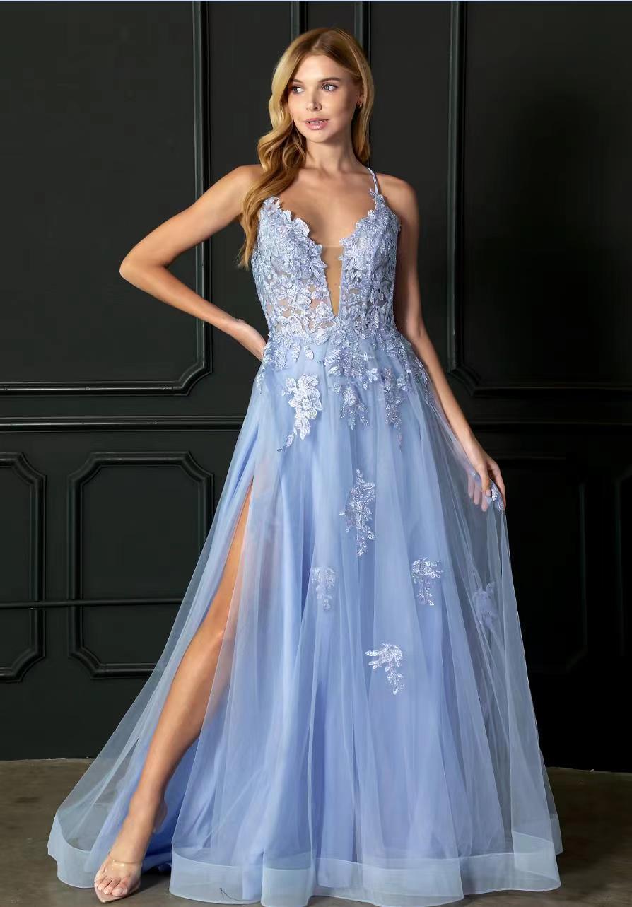 High-Waisted Long Evening Dress with Lace-Up Detail