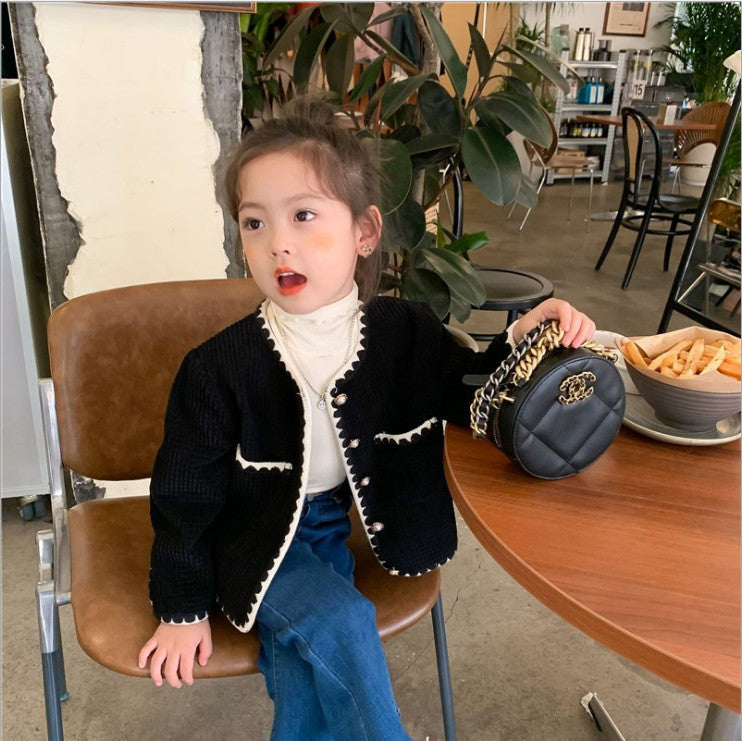 Girls Cotton Round Neck Jacket — Black