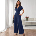 Solid-Color Short-Sleeve Pleated Wide-Leg Jumpsuit