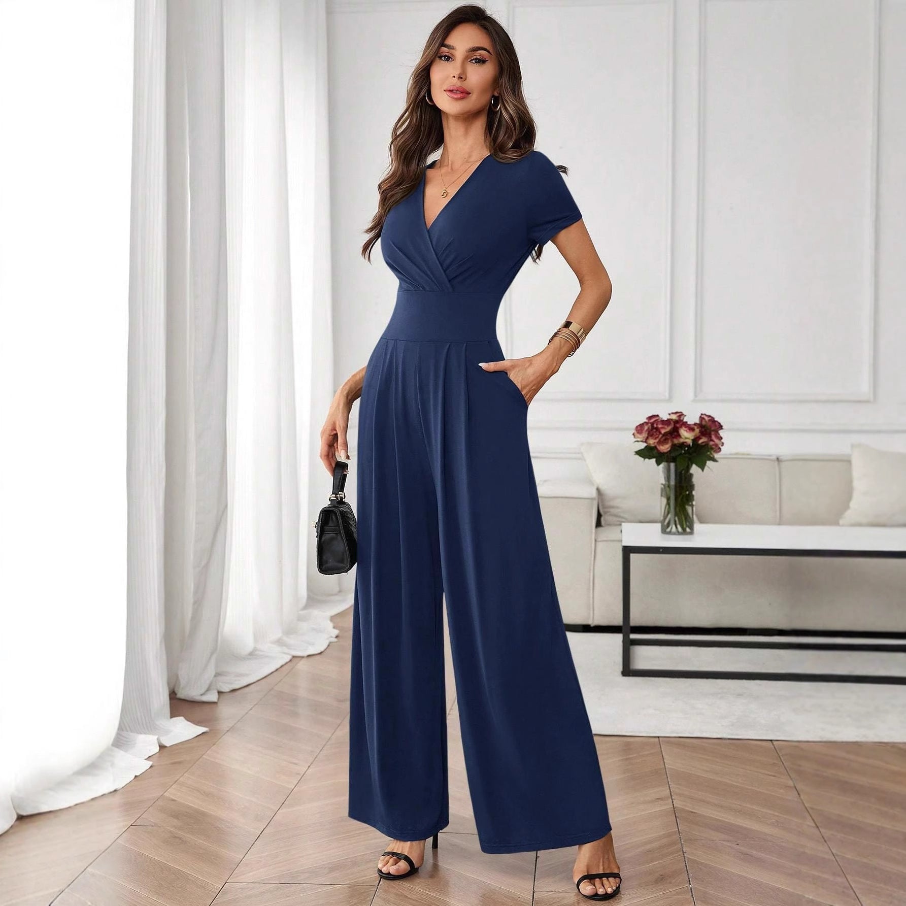 Solid-Color Short-Sleeve Pleated Wide-Leg Jumpsuit