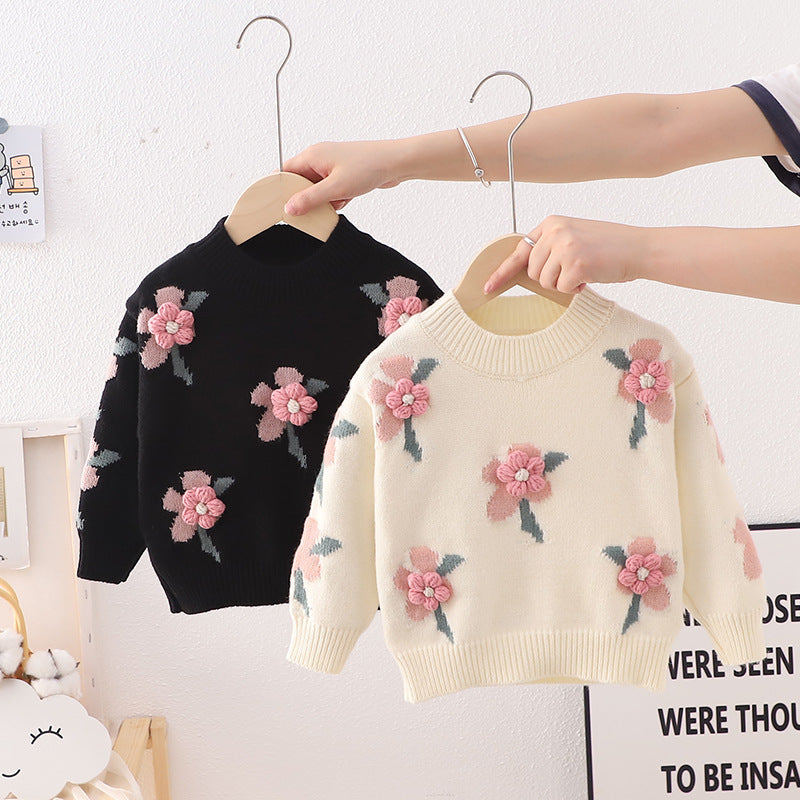 Girls Sweater with Small Flowers Black or Ecru