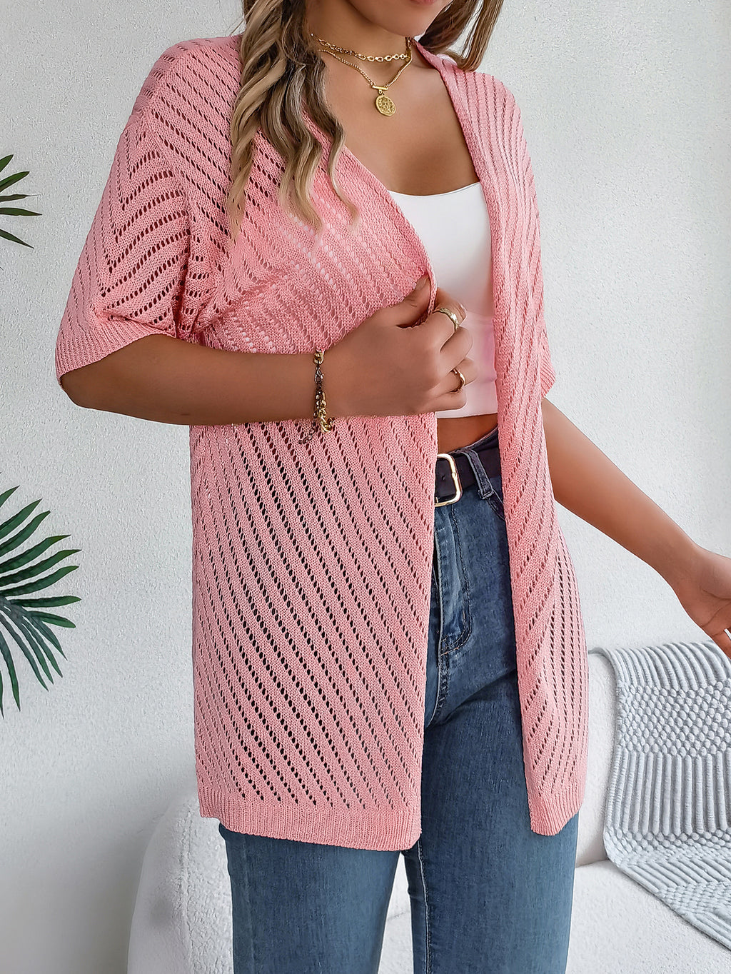 Long Open-Knit Cardigan with Vertical Stripes and Short Sleeves