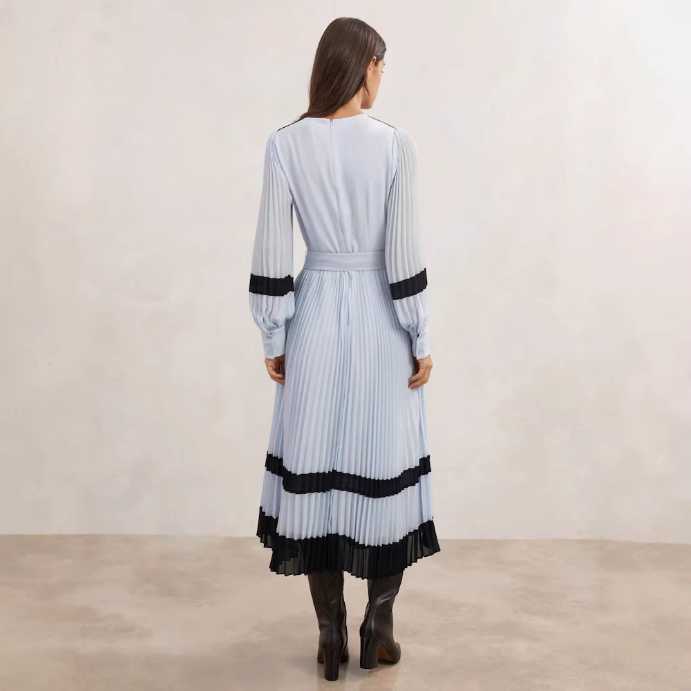Pleated Dress with Lace Details and Belt