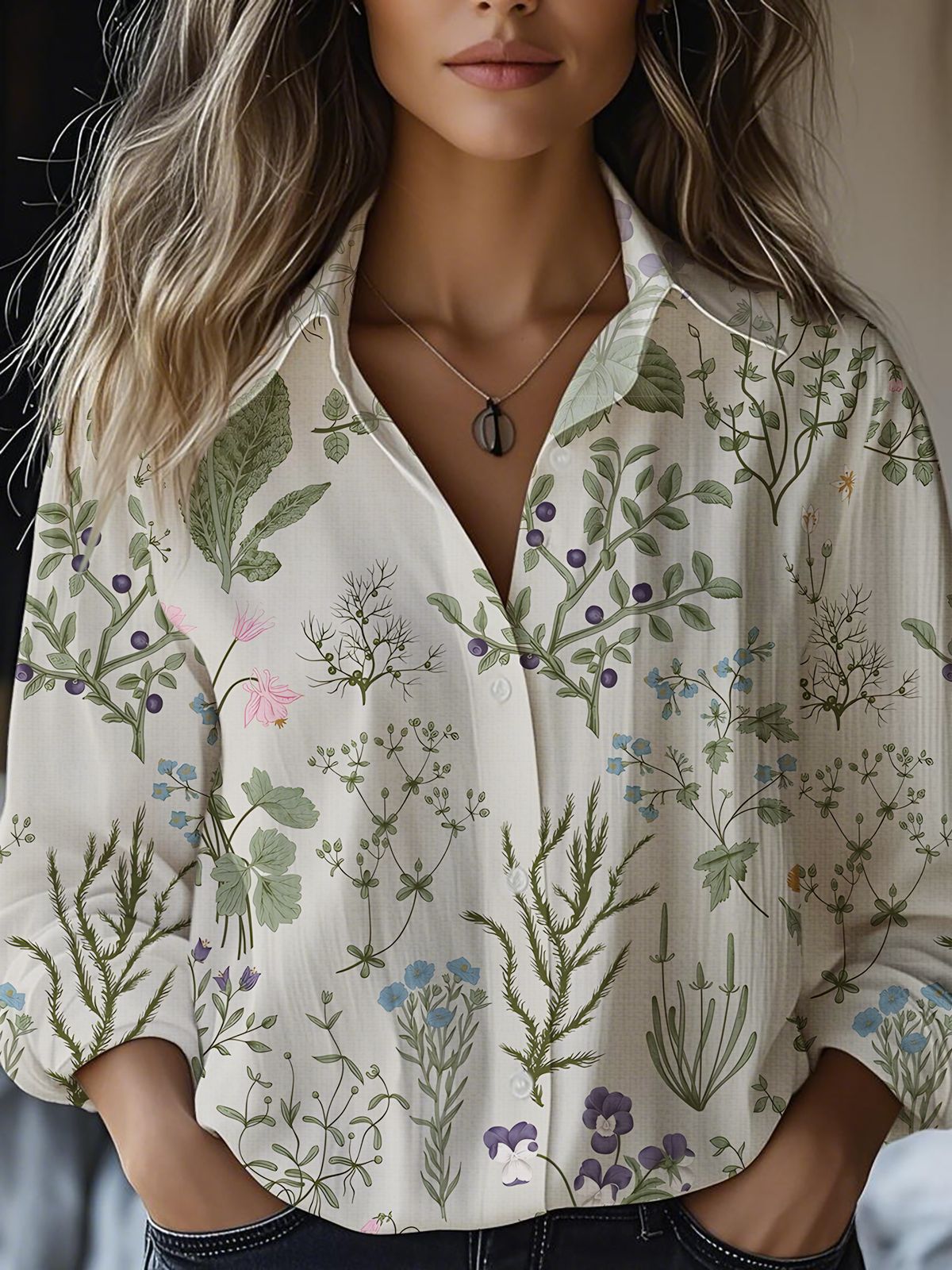 Blusa floral de manga larga en mezcla de lino