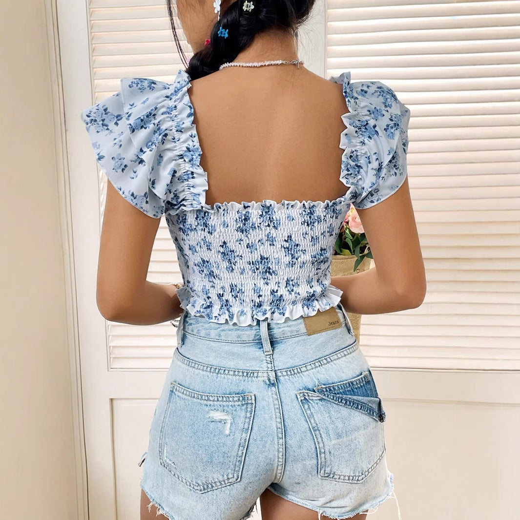 Top floral con escote cuadrado y mangas abullonadas