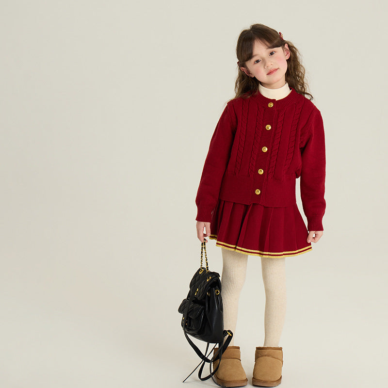 Girls’ Knit Cardigan & Pleated Skirt Set