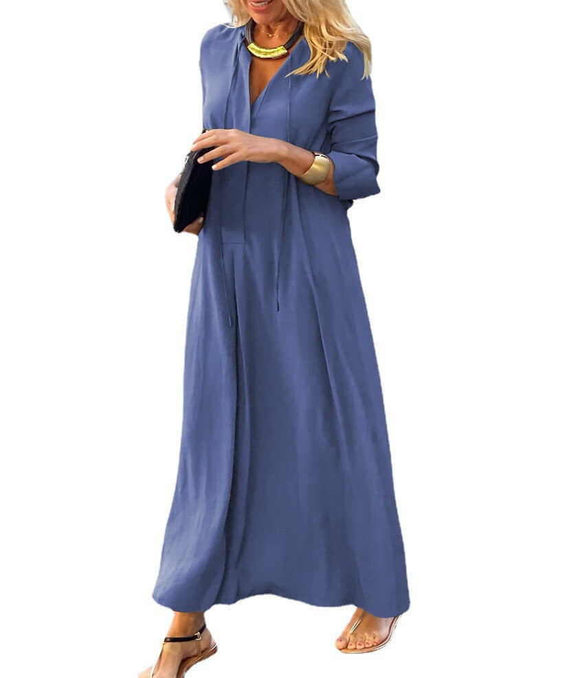 Long V-Neck Shirt Dress with Long Sleeves