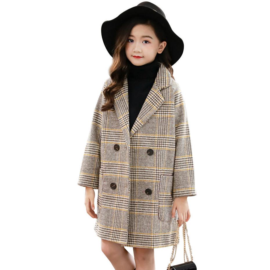 Girls’ Plaid Wool Blend Coat