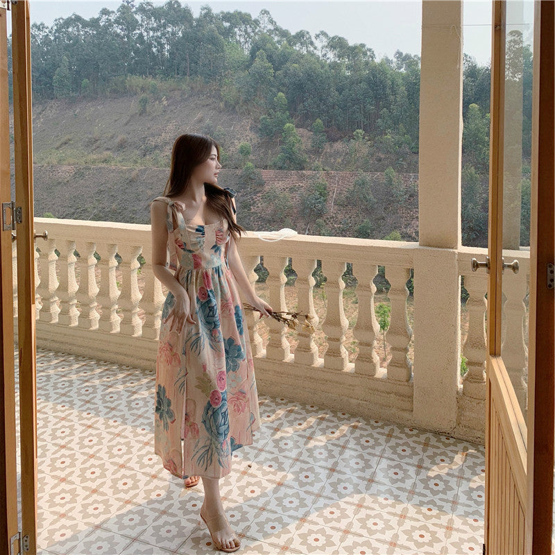 Floral Midi Dress with Straps and Cutout Shoulders