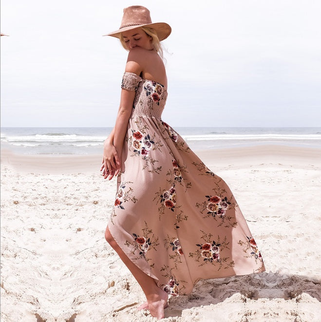 Vestido largo bohemio con hombros descubiertos