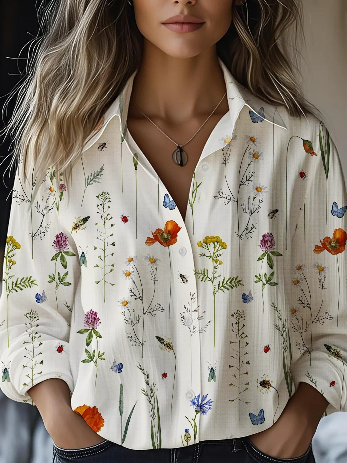 Blusa floral de manga larga en mezcla de lino