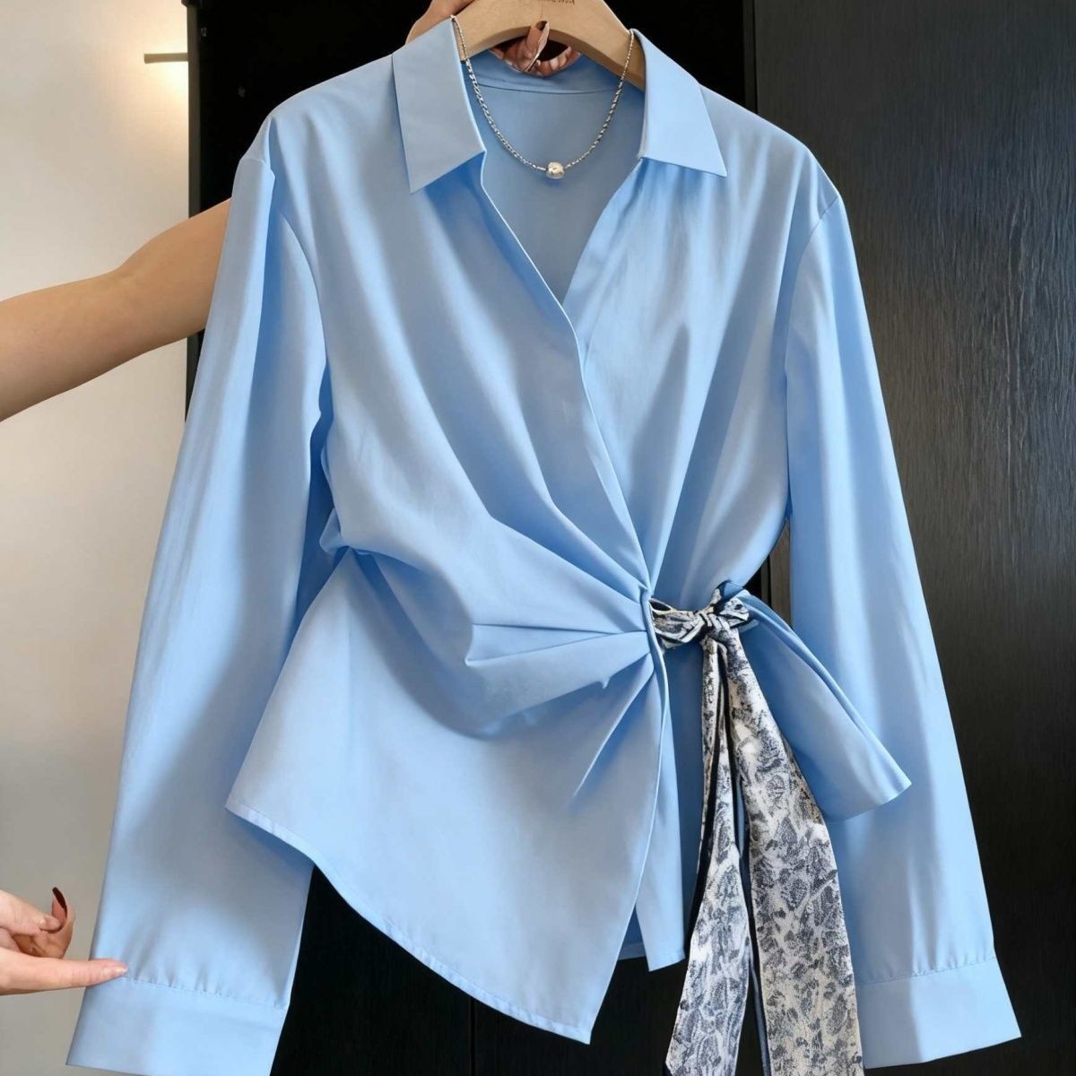 Elegant Long Sleeve Shirt with Silk Scarf Tie