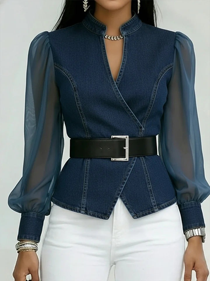 Top de encaje con cuello de pico y manga larga