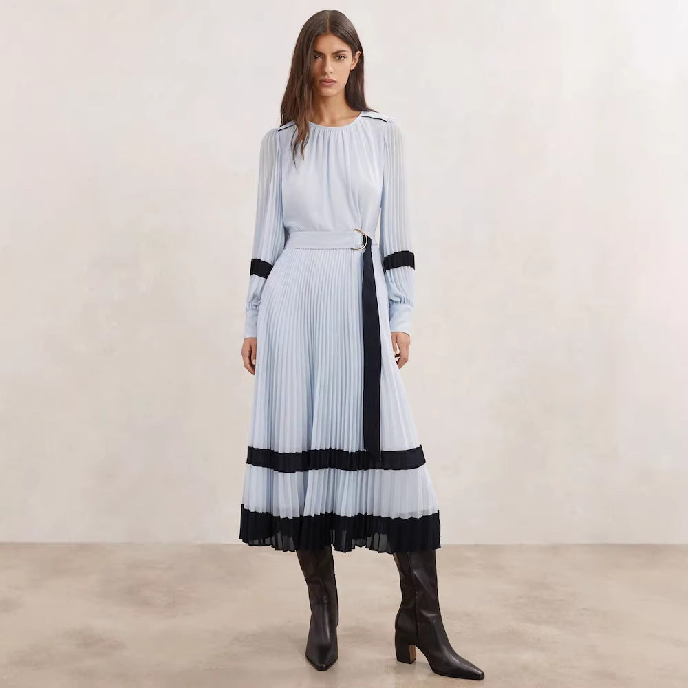 Pleated Dress with Lace Details and Belt