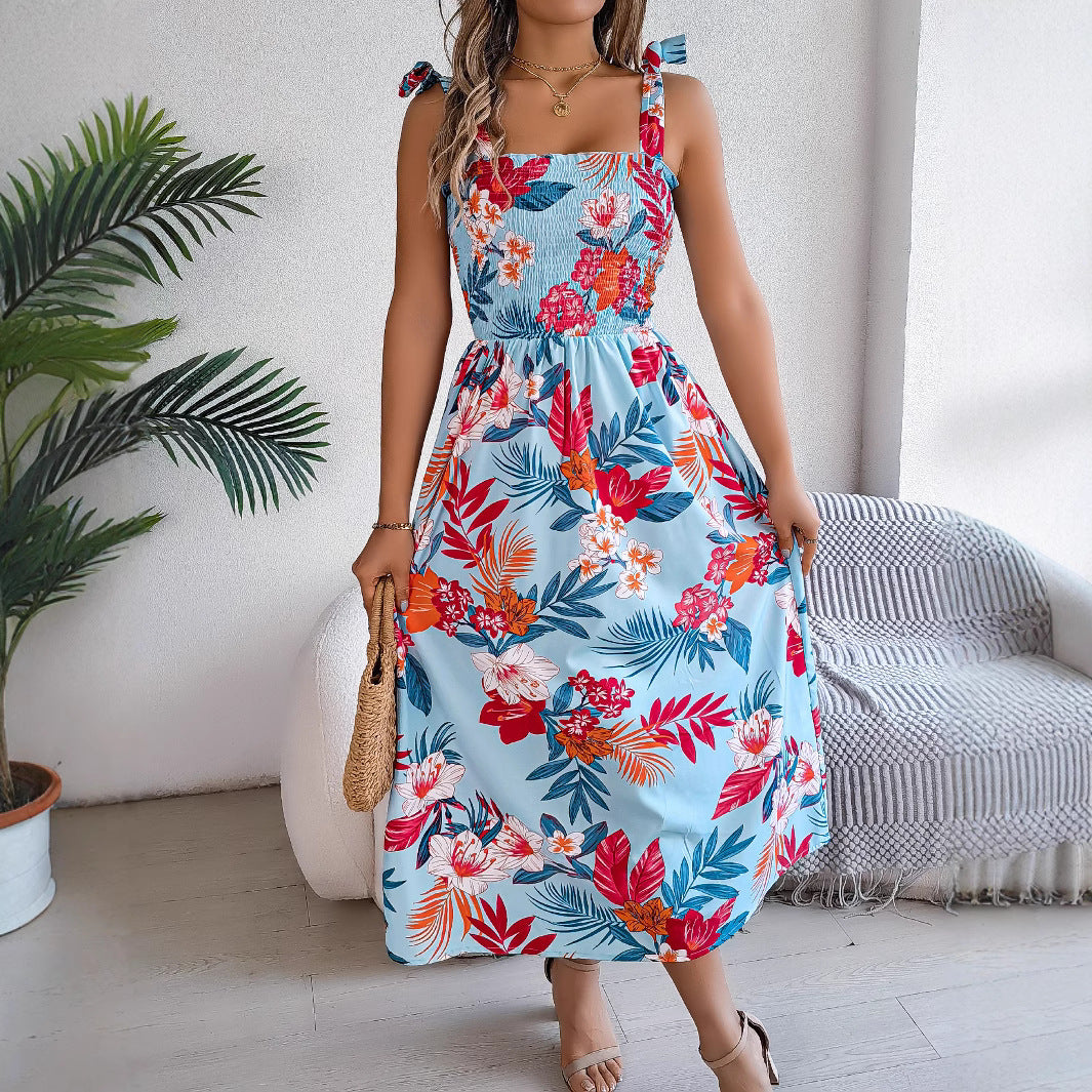 Floral Long Dress with Straps and Defined Waist