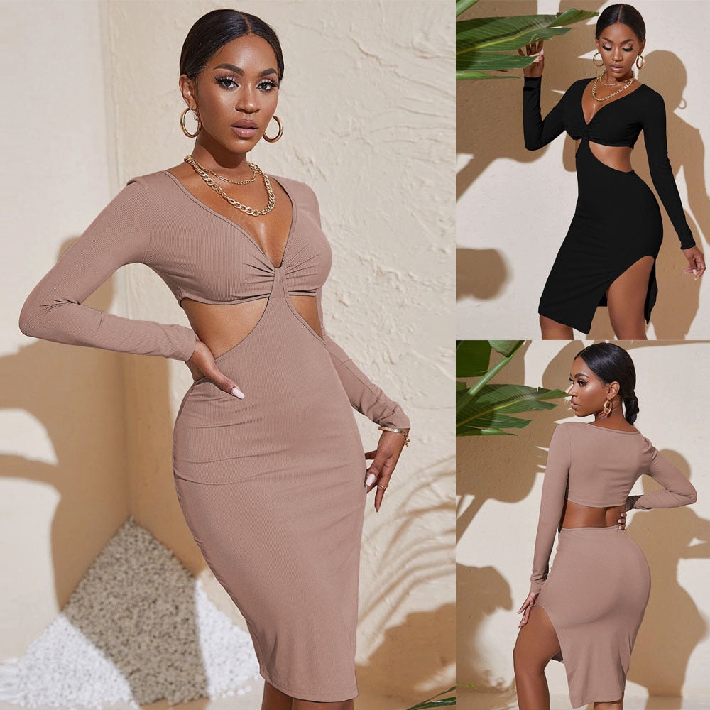 Vestido de noche ajustado con cuello en V y mangas largas