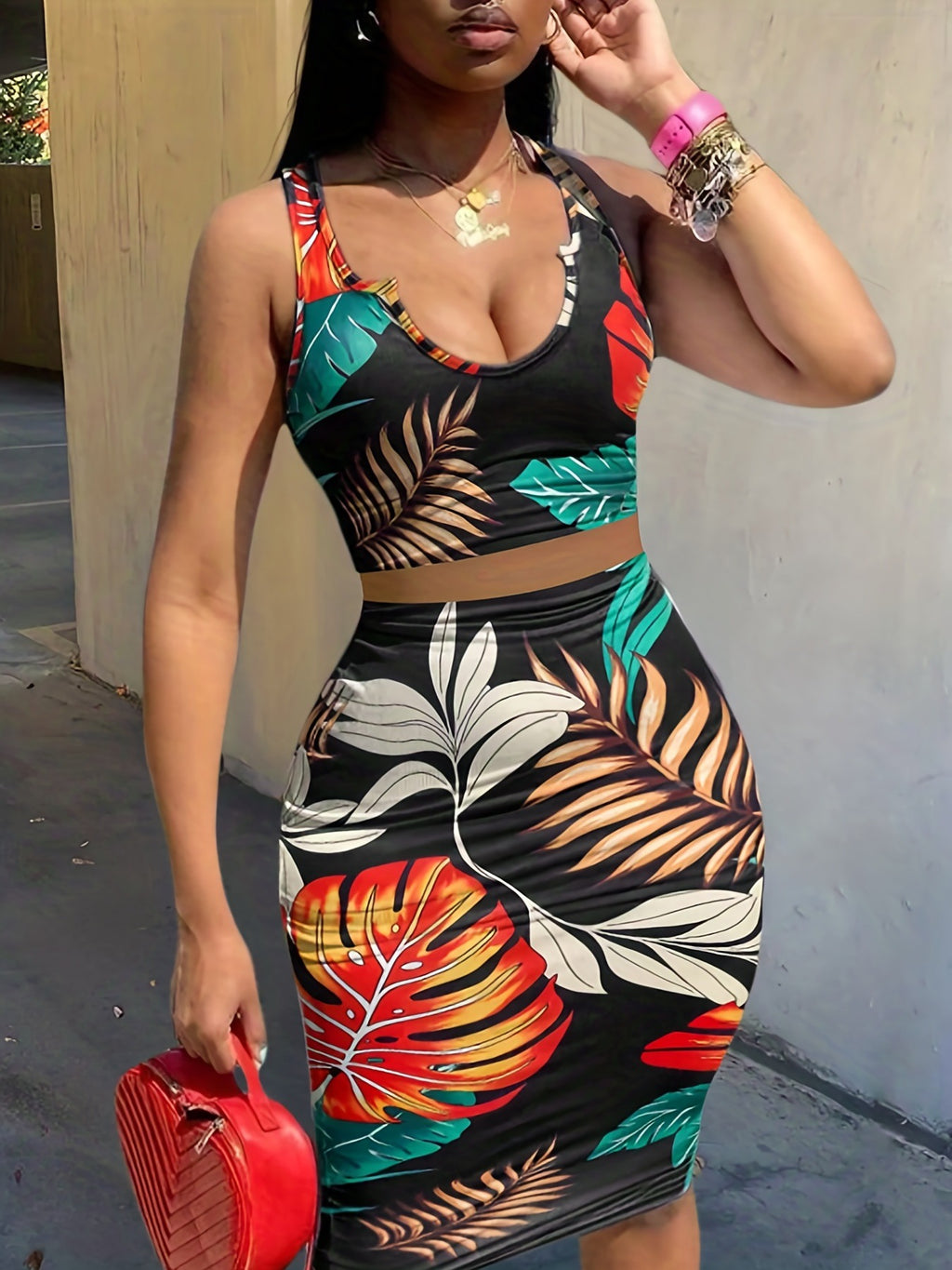 Black Printed Set: Light Top and Short Skirt