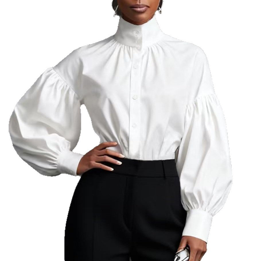 Elegant Pleated High-Neck Blouse with Puff Sleeves