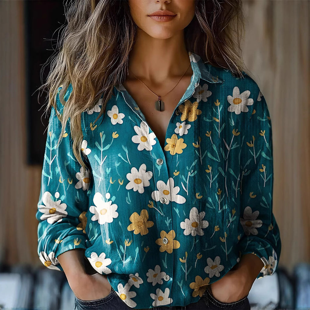 Blusa floral de manga larga en mezcla de lino
