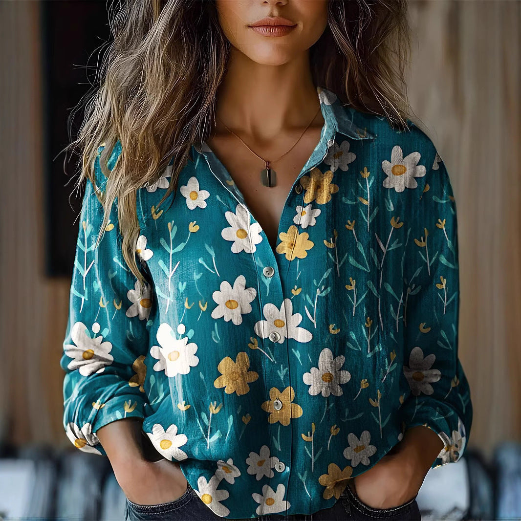 Blusa floral de manga larga en mezcla de lino