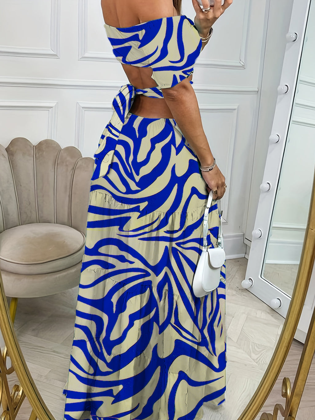 Printed Long Off-Shoulder Dress with Cutout Waist