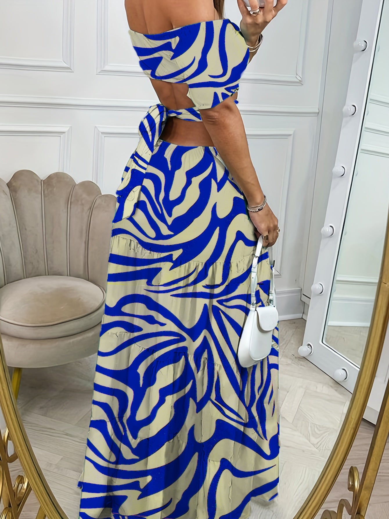 Printed Long Off-Shoulder Dress with Cutout Waist
