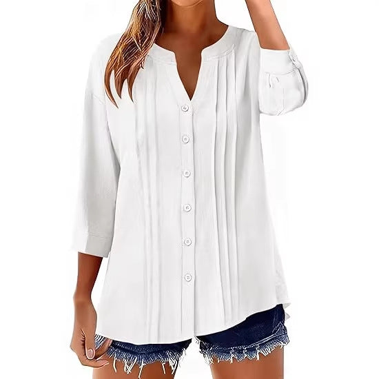 Pleated Cotton-Linen Loose Shirt for Women