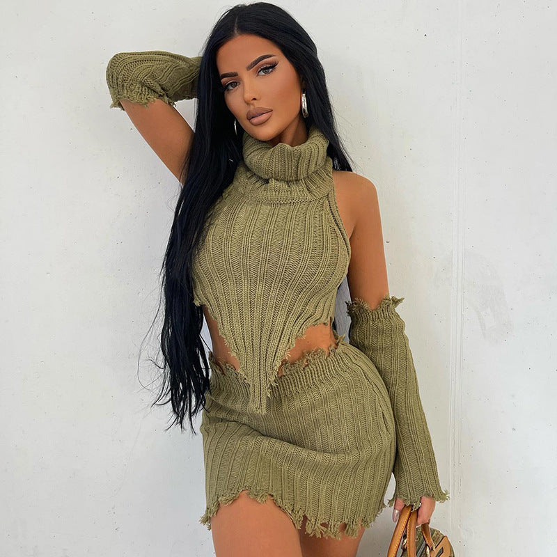 Knit Set with Turtleneck Open Back and Fitted Short Skirt
