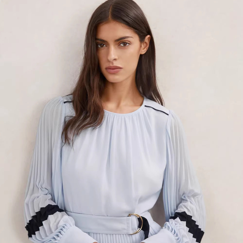 Pleated Dress with Lace Details and Belt