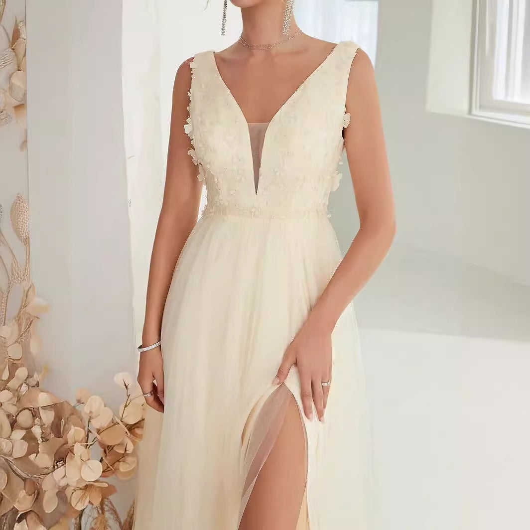 Long Sleeveless Dress with V-Neck and Lace Details