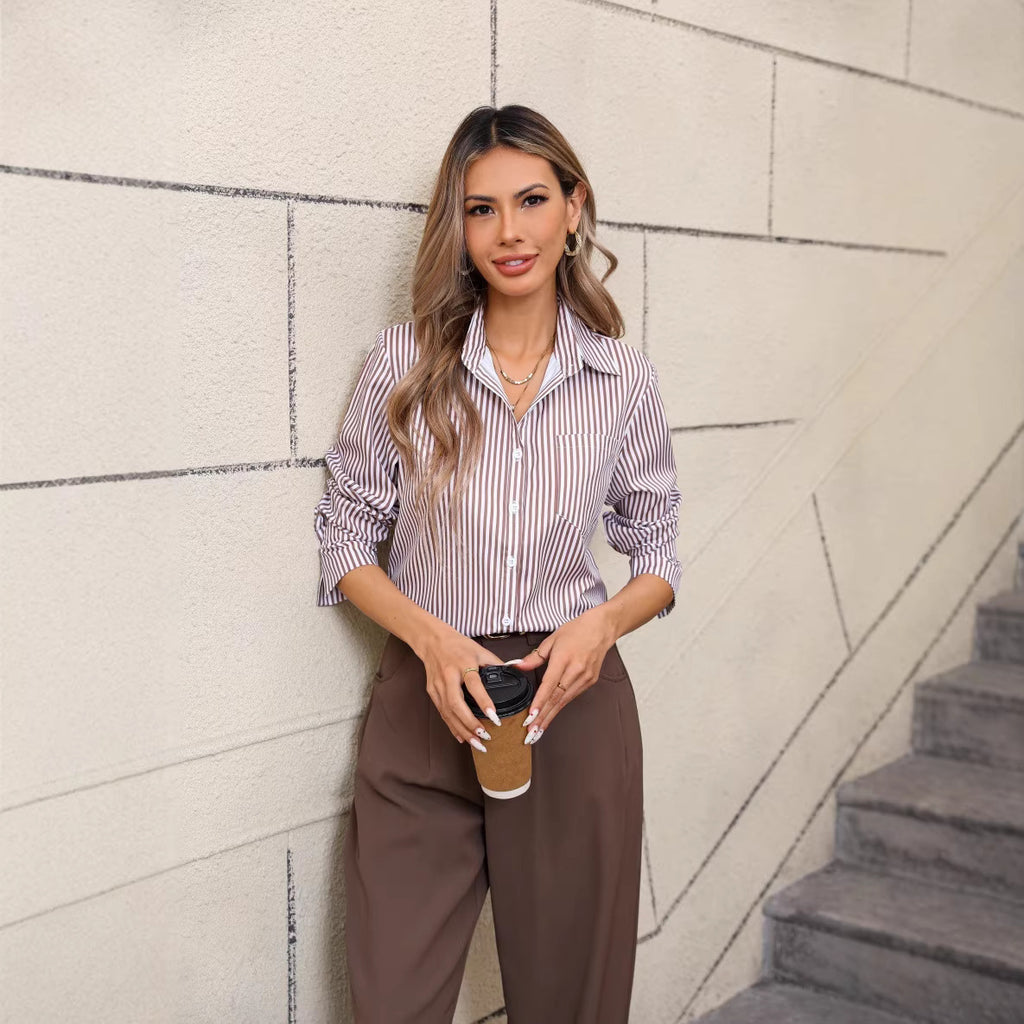 Loose Striped Shirt with Classic Collar and Long Sleeves